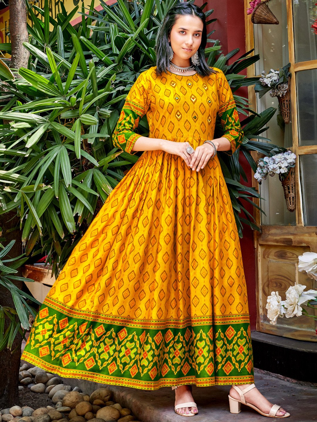 Mustard Rayon Ikat Printed Designer Long Kurti