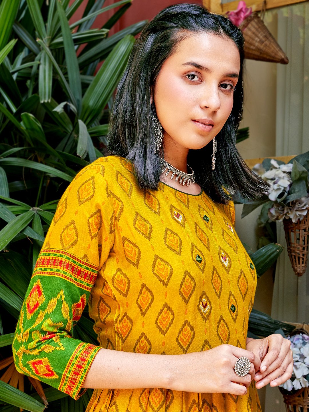 Mustard Rayon Ikat Printed Designer Long Kurti