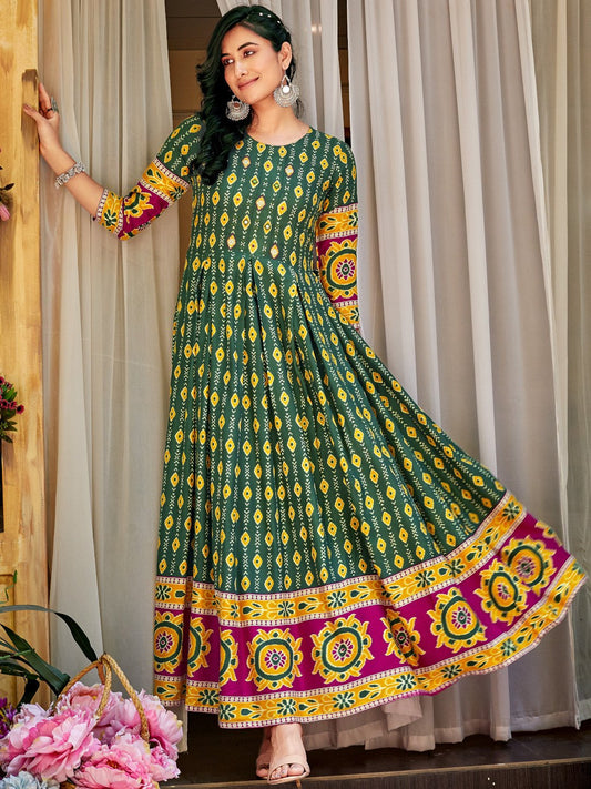 Green Rayon Ikat Printed Designer Long Kurti with Border