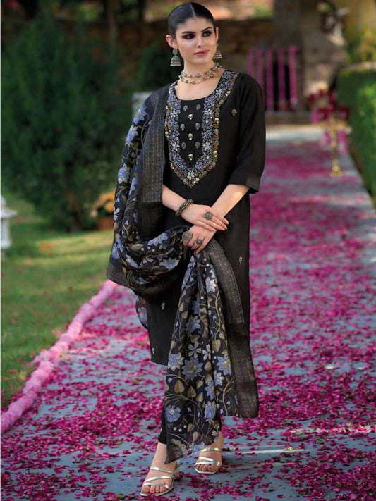 Black Premium Embroidered Stitched Suit Set With Dupatta