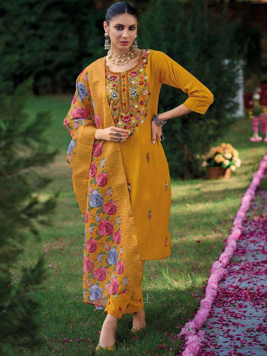 Yellow Premium Embroidered Stitched Suit Set With Dupatta