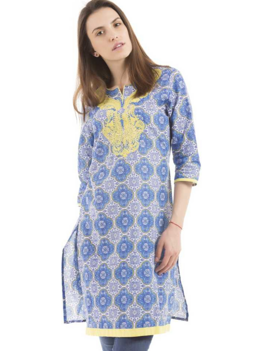 Blue Women Printed Cotton Blend Straight Kurta