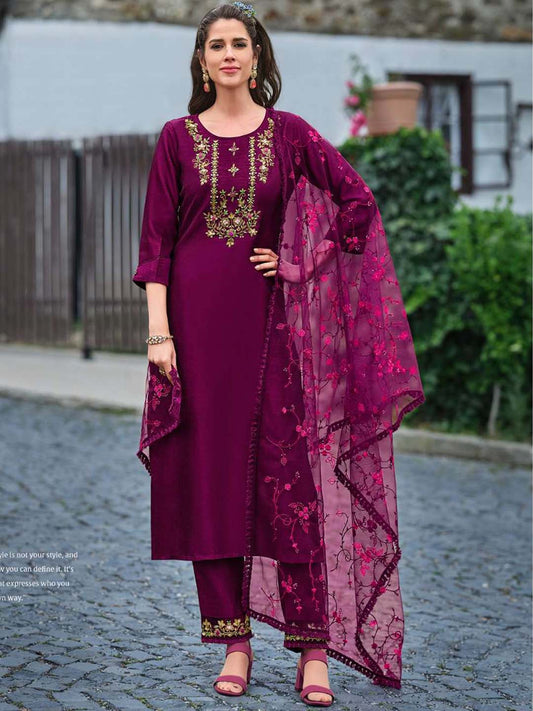 Wine Exclusive Embroidered Stitched Suit Set With Dupatta