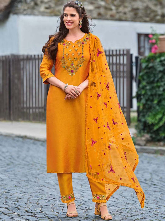 Yellow Exclusive Embroidered Stitched Suit Set With Dupatta