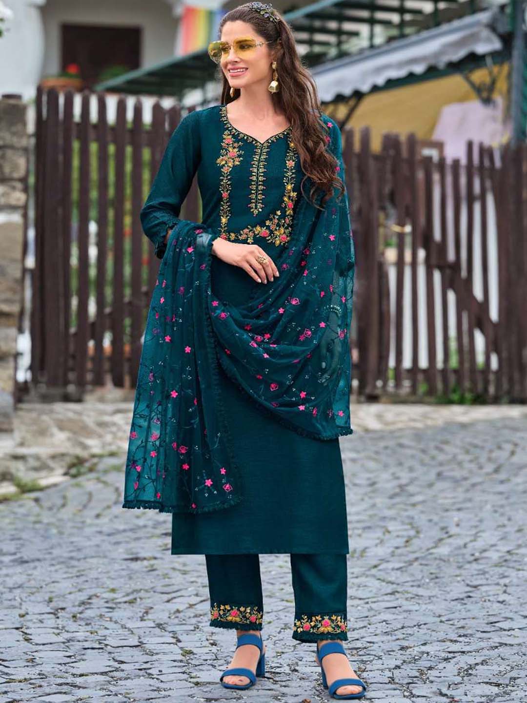 Classic Blue Exclusive Embroidered Stitched Suit Set With Dupatta