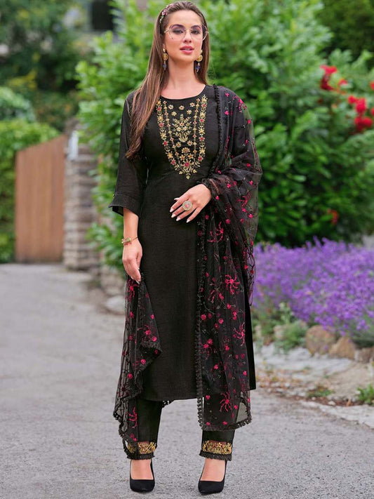 Black Exclusive Embroidered Stitched Suit Set With Dupatta