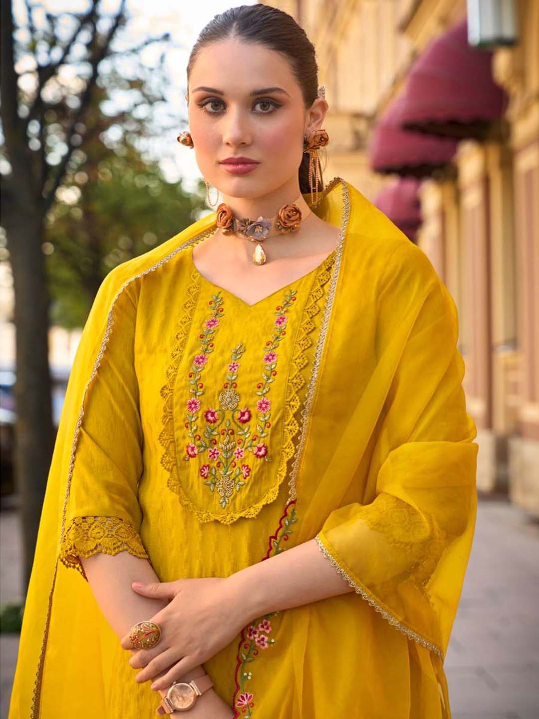 Yellow Handwork And Embroidery Afgani Stitched Suit