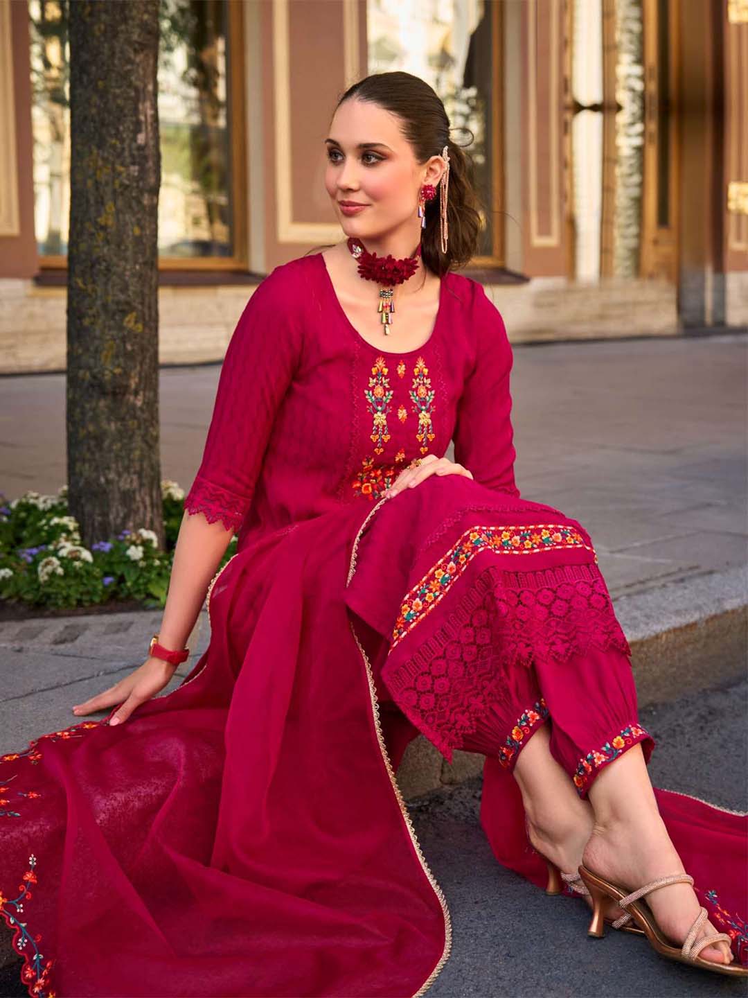 Red Handwork And Embroidery Afgani Stitched Suit