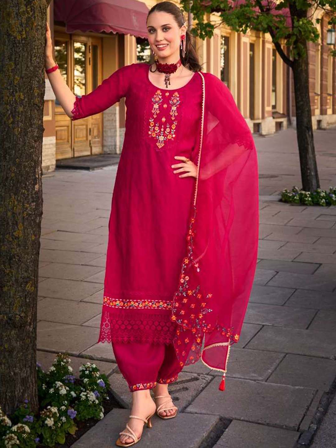 Red Handwork And Embroidery Afgani Stitched Suit