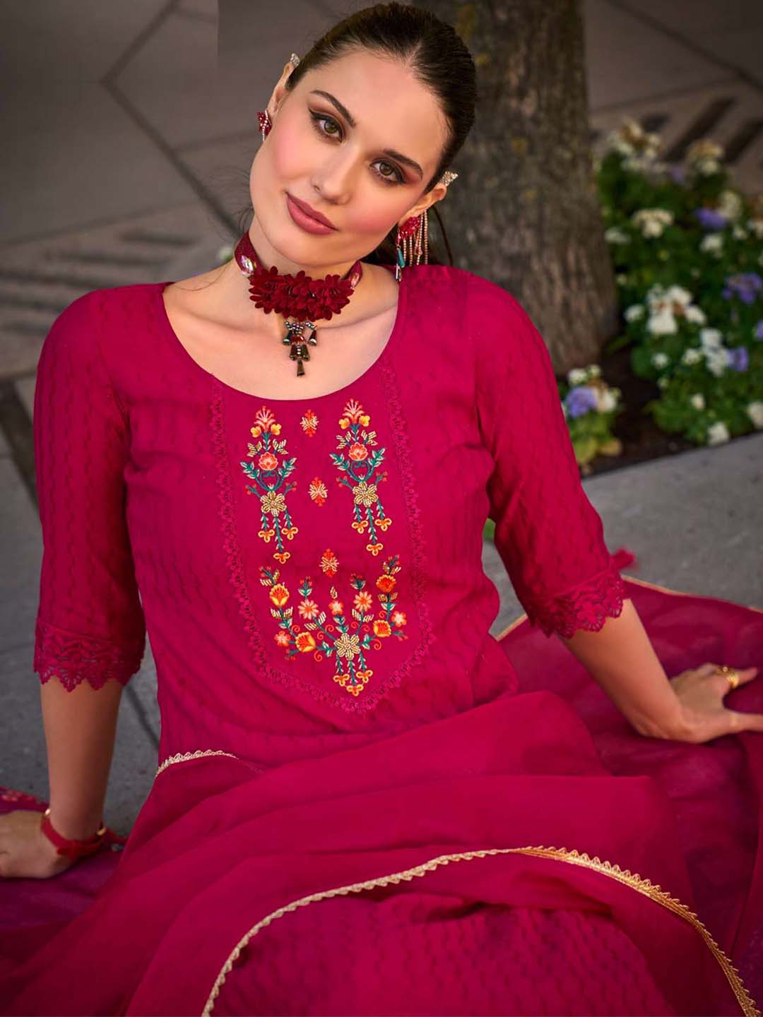 Red Handwork And Embroidery Afgani Stitched Suit