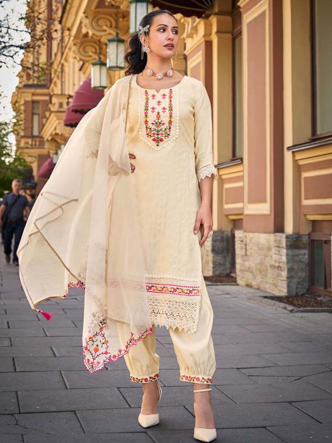 Off White Handwork And Embroidery Afgani Stitched Suit