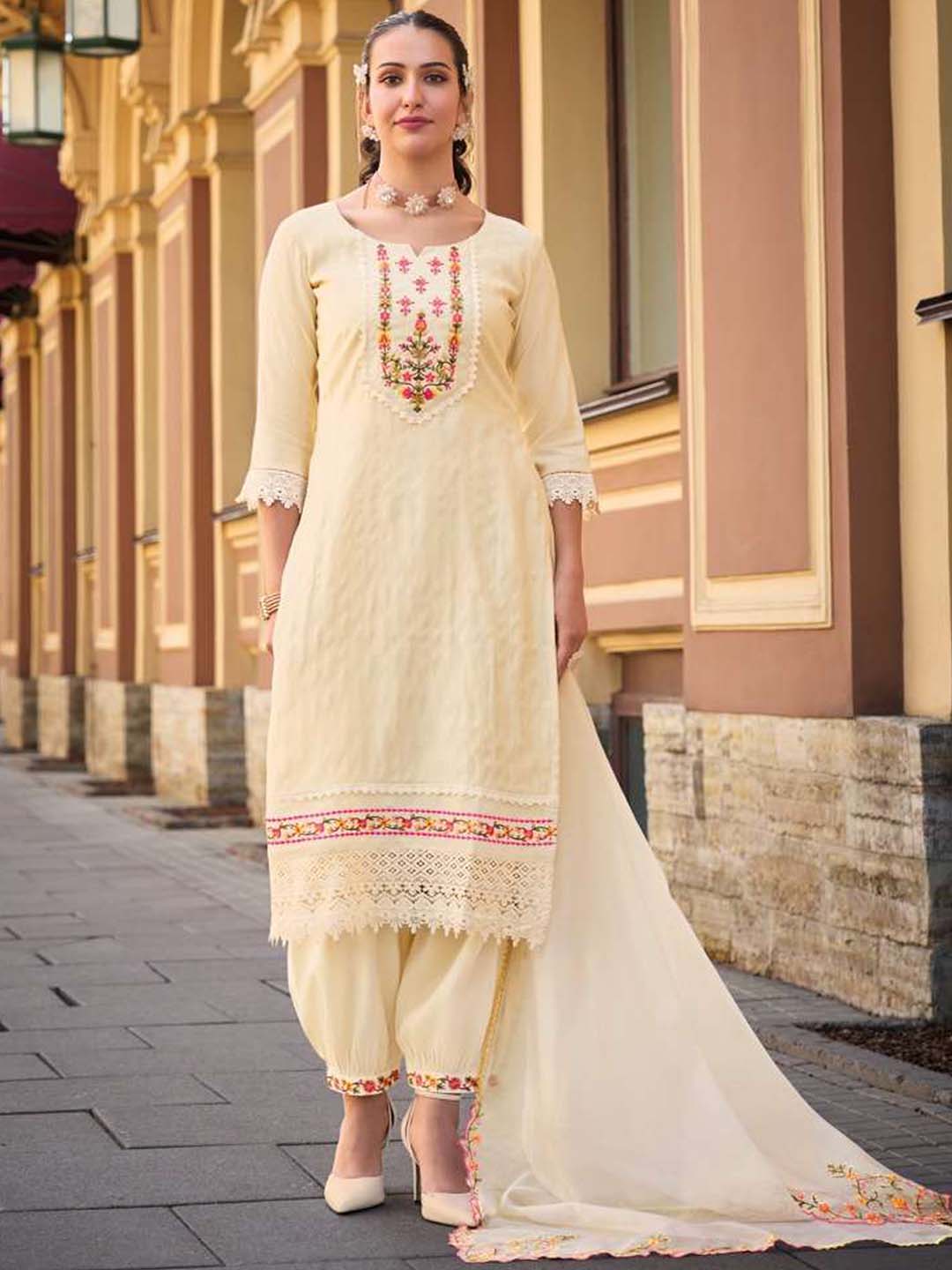 Off White Handwork And Embroidery Afgani Stitched Suit