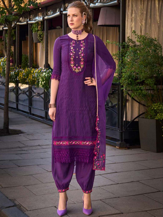 Purple Handwork And Embroidery Afgani Stitched Suit