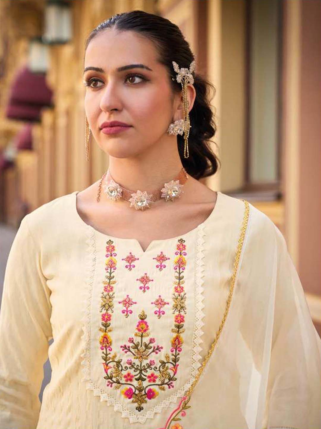 Off White Handwork And Embroidery Afgani Stitched Suit