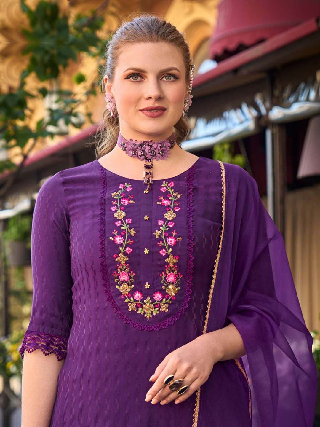 Purple Handwork And Embroidery Afgani Stitched Suit