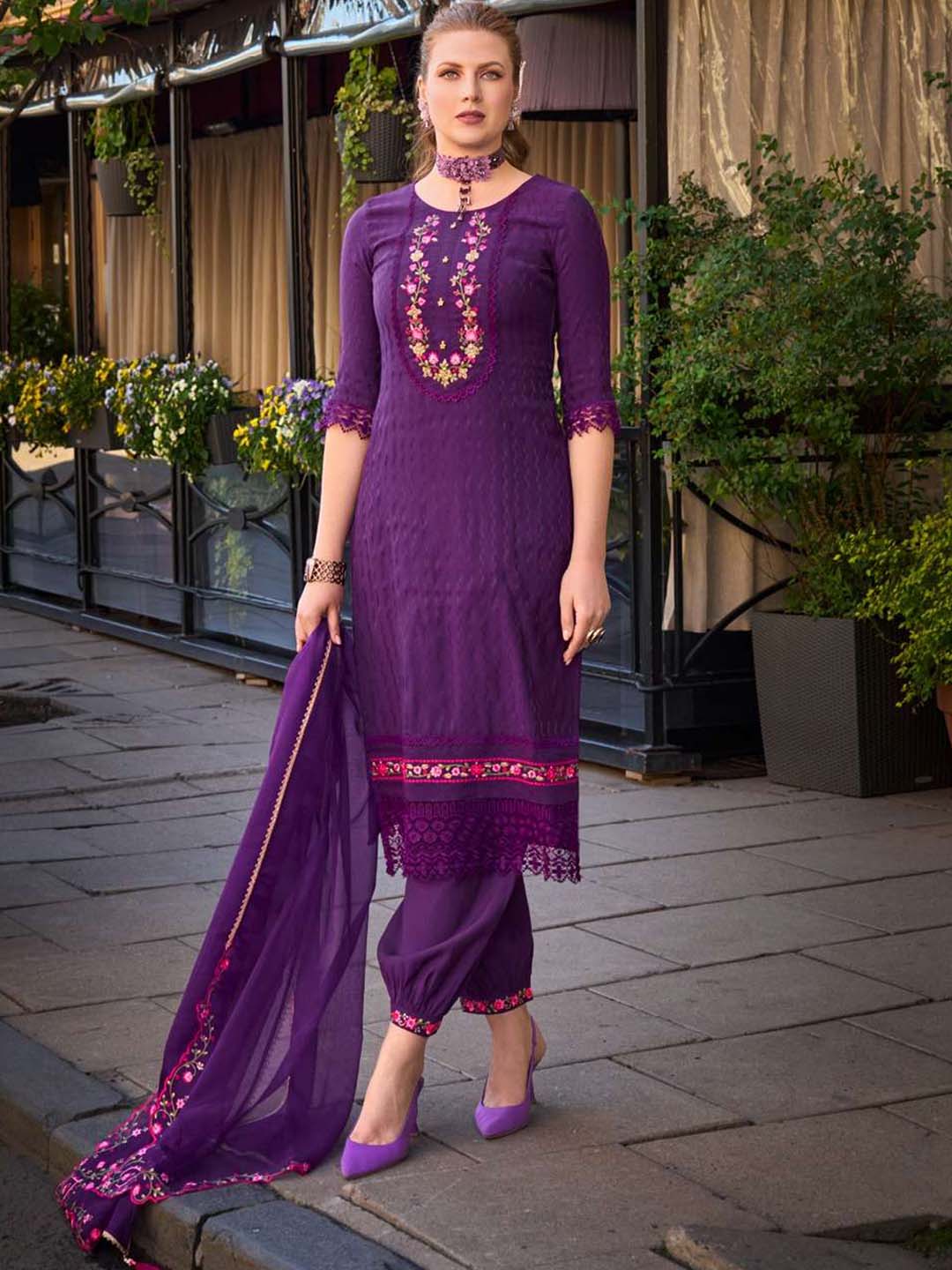 Purple Handwork And Embroidery Afgani Stitched Suit