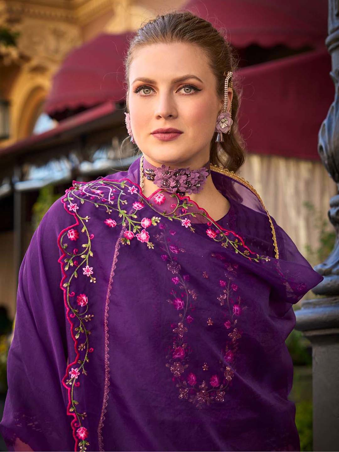 Purple Handwork And Embroidery Afgani Stitched Suit