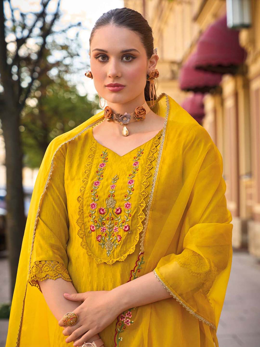 Yellow Handwork And Embroidery Afgani Stitched Suit