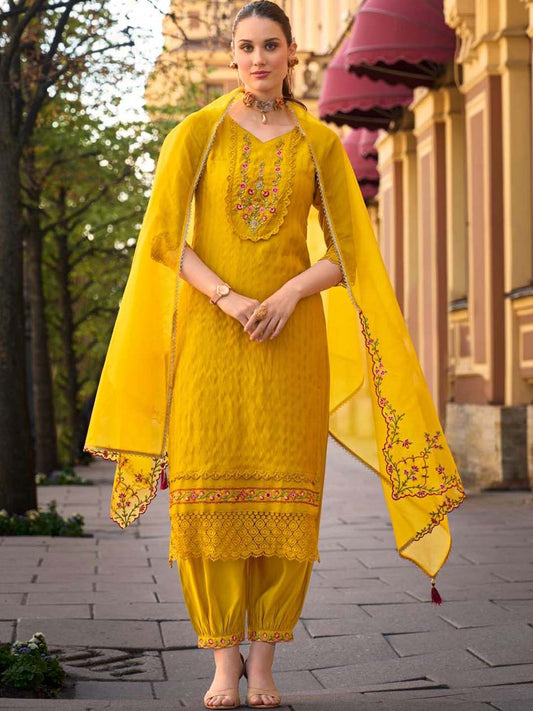 Yellow Handwork And Embroidery Afgani Stitched Suit