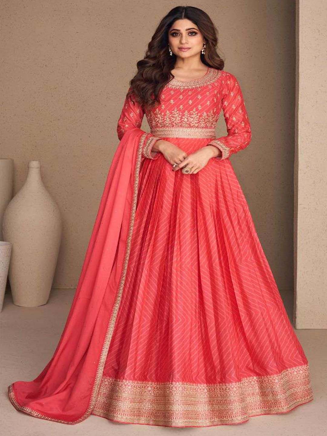 Embellished Coral Chinon Silk Zari Stitched Gown with Dupatta