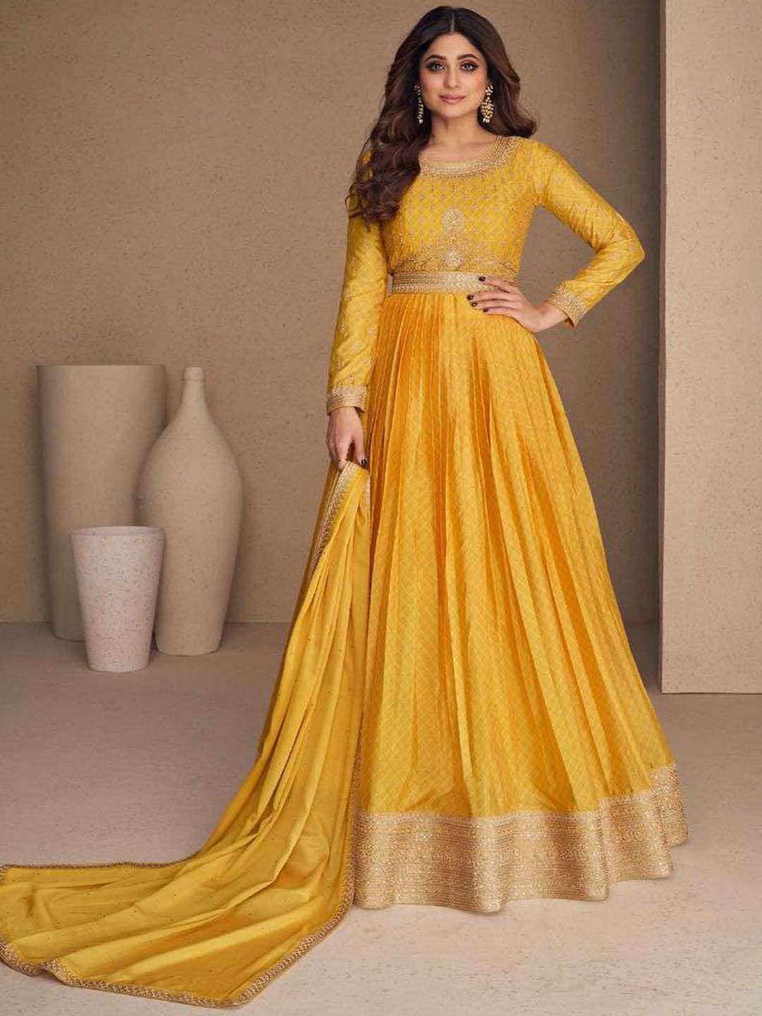 Embellished Yellow Chinon Silk Zari Stitched Gown with Dupatta