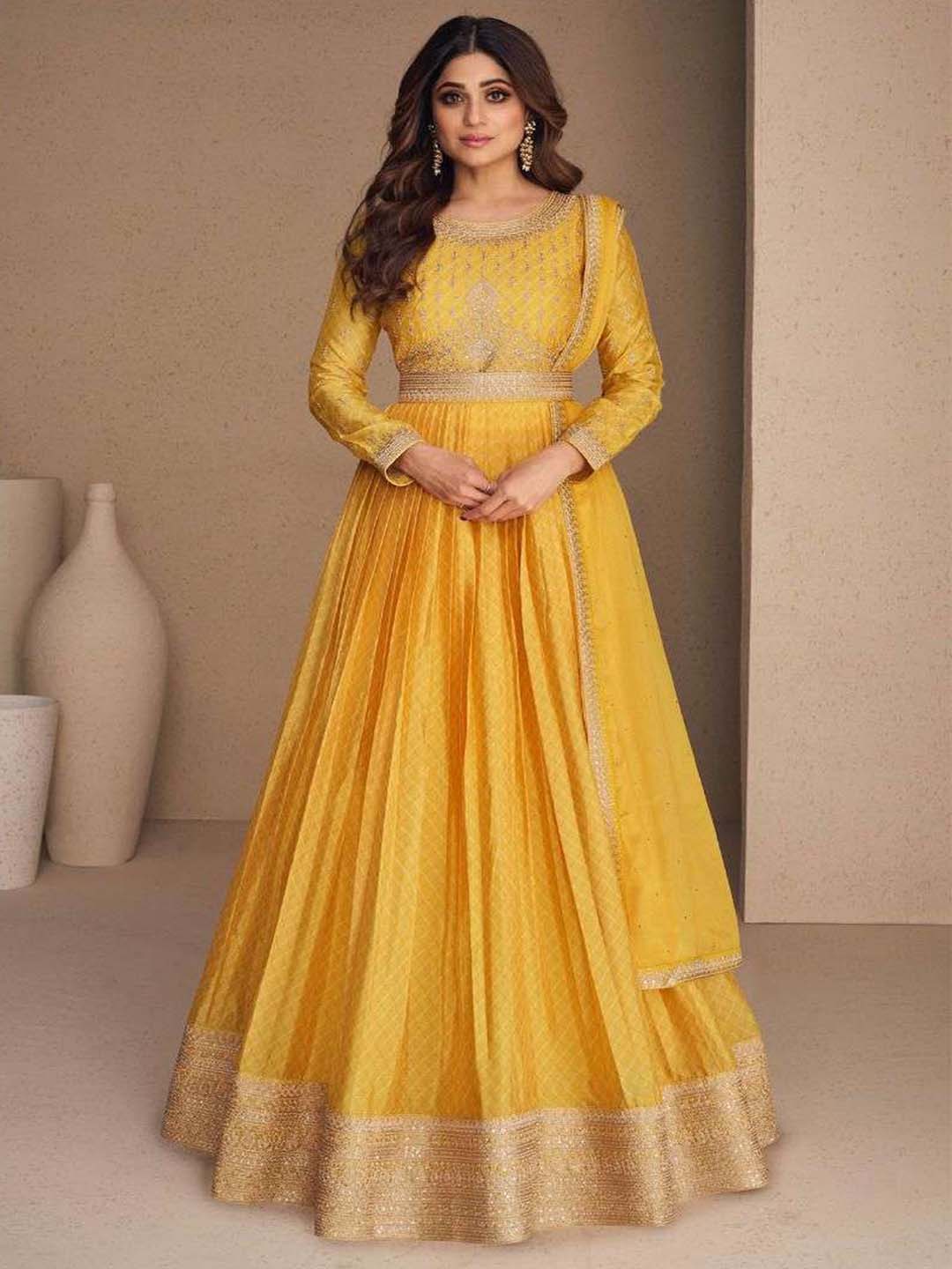 Embellished Yellow Chinon Silk Zari Stitched Gown with Dupatta