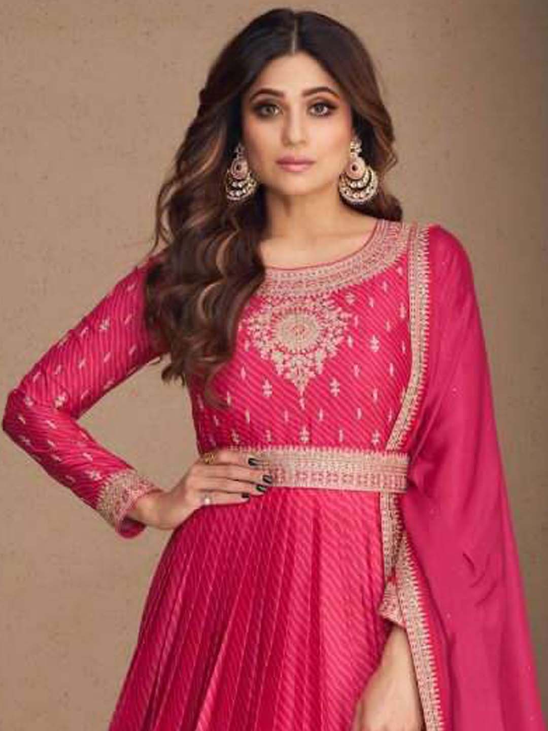 Embellished Dark Pink Chinon Silk Zari Stitched Gown with Dupatta