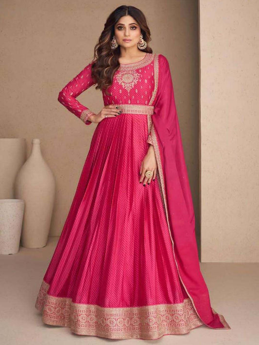 Embellished Dark Pink Chinon Silk Zari Stitched Gown with Dupatta