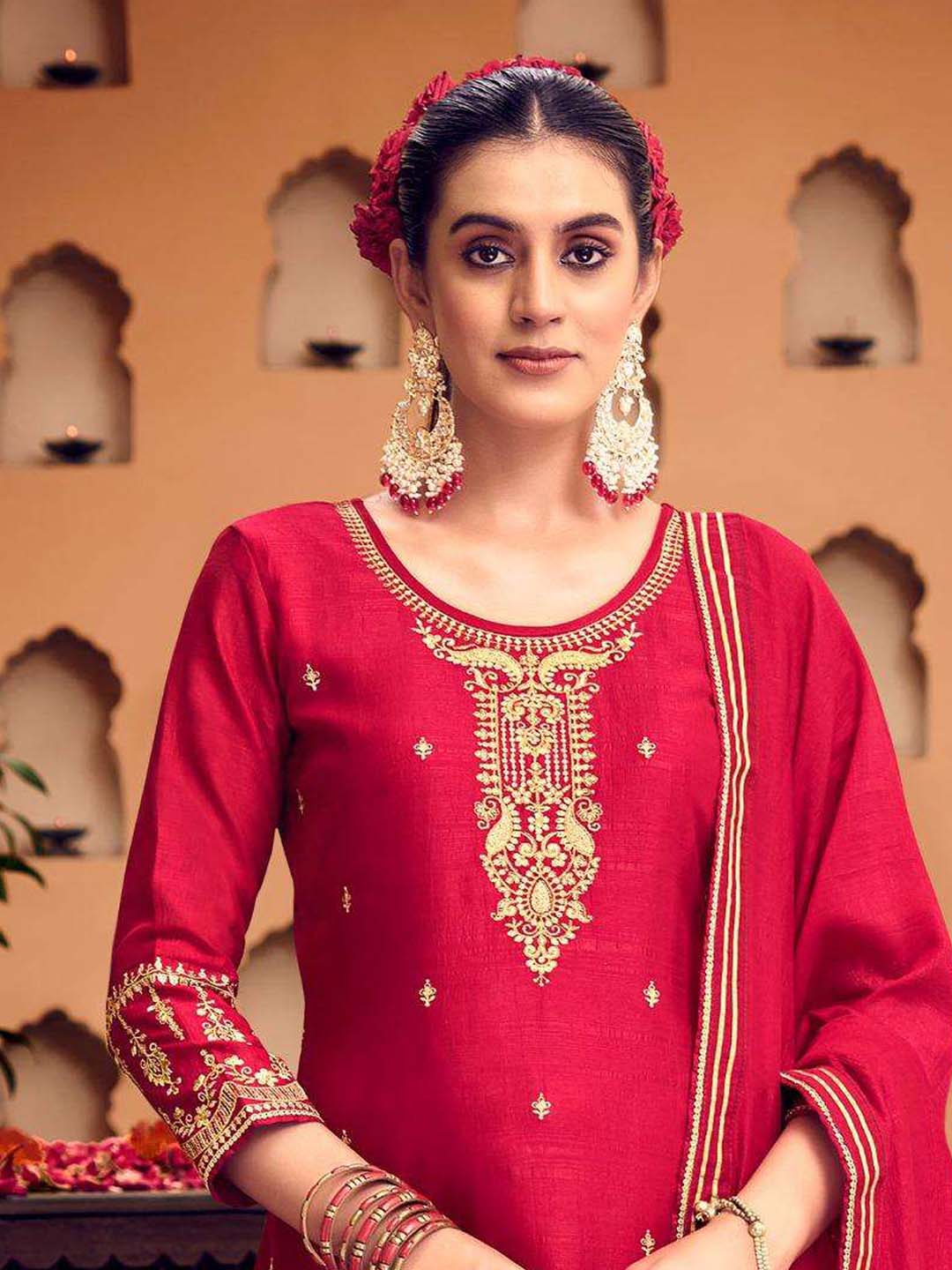 Red Fancy Work Stitched Suit Set With Dupatta