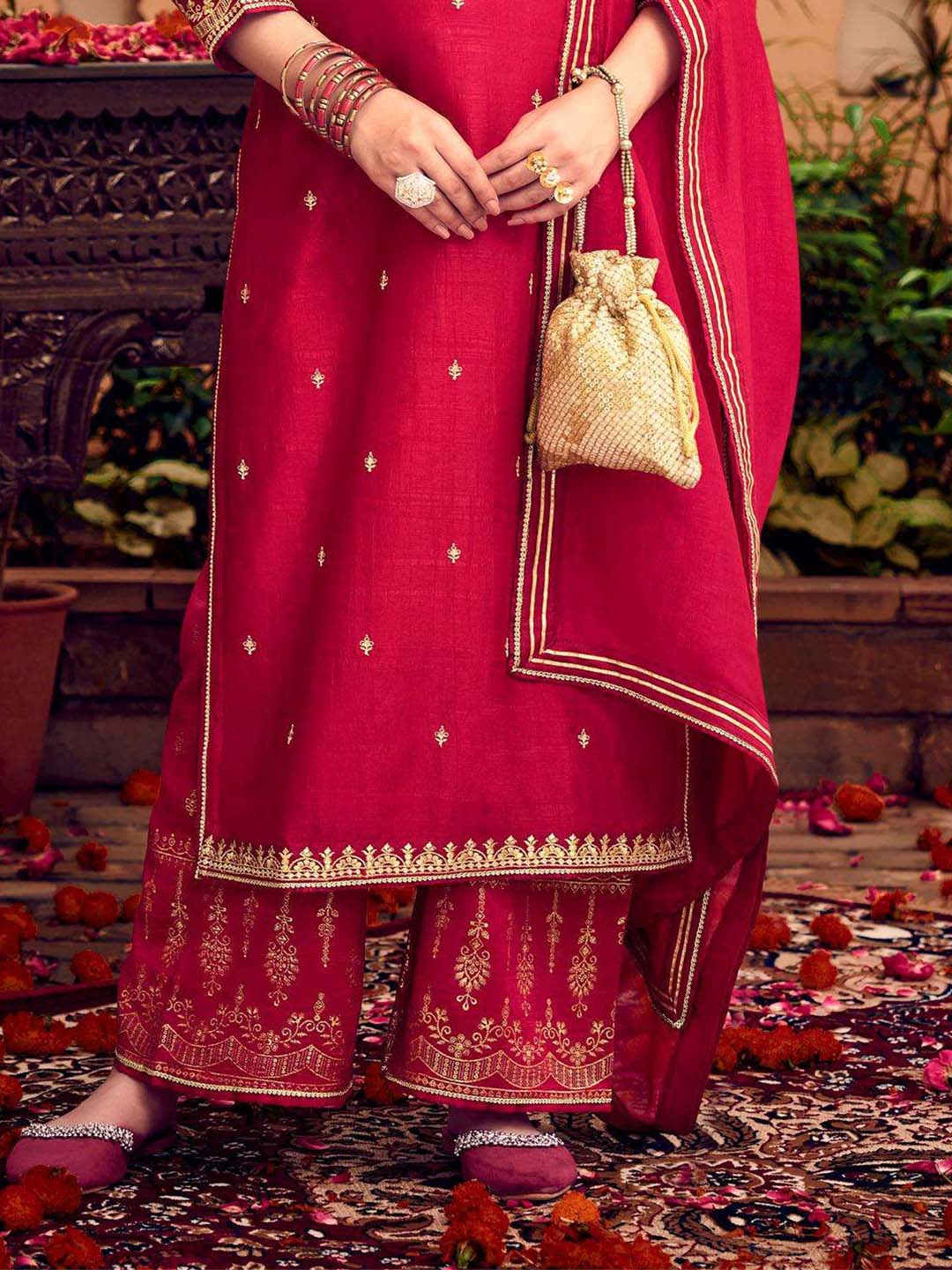 Red Fancy Work Stitched Suit Set With Dupatta