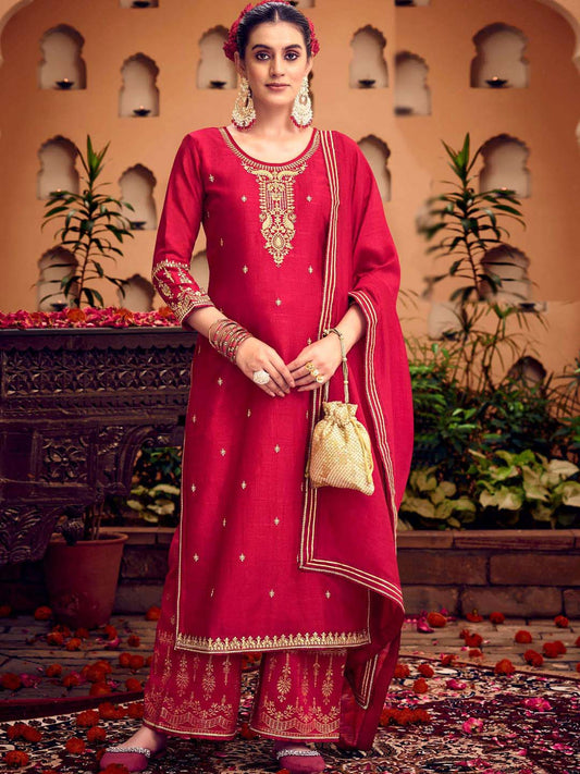 Red Fancy Work Stitched Suit Set With Dupatta