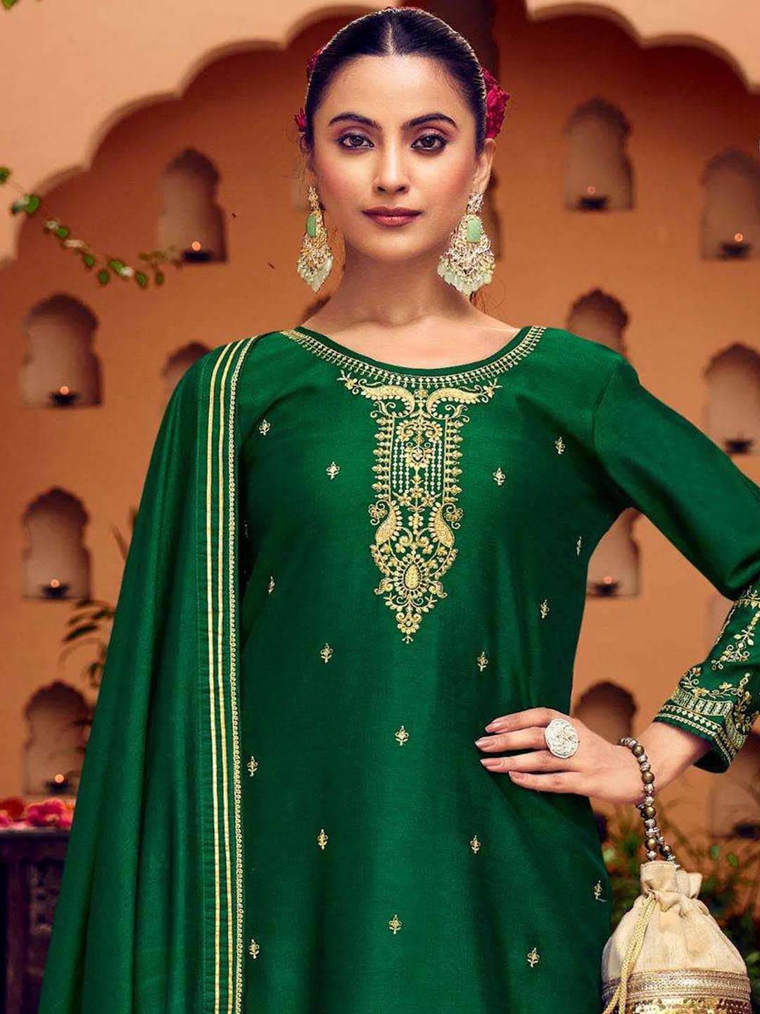 Green Fancy Work Stitched Suit Set With Dupatta