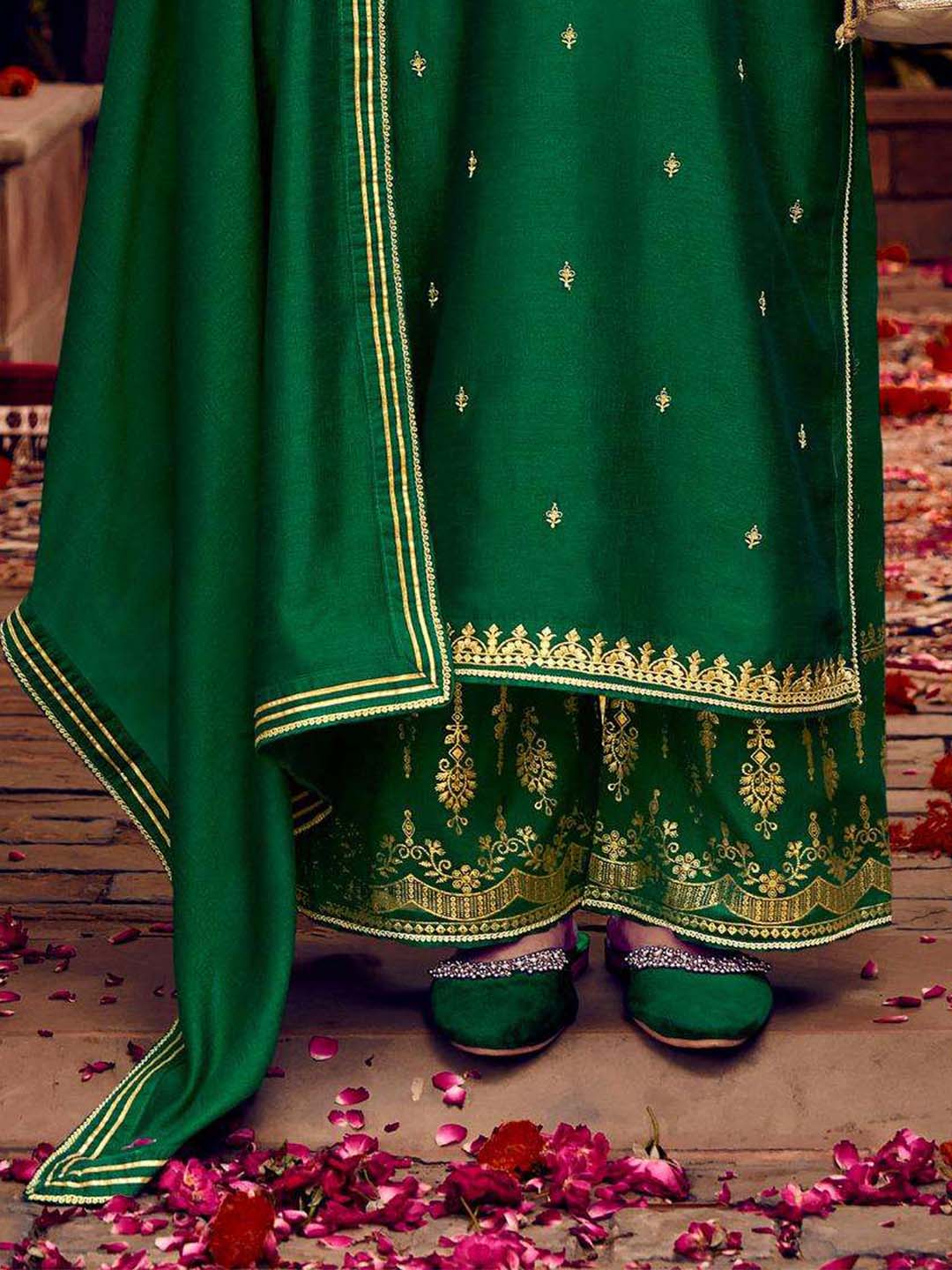 Green Fancy Work Stitched Suit Set With Dupatta