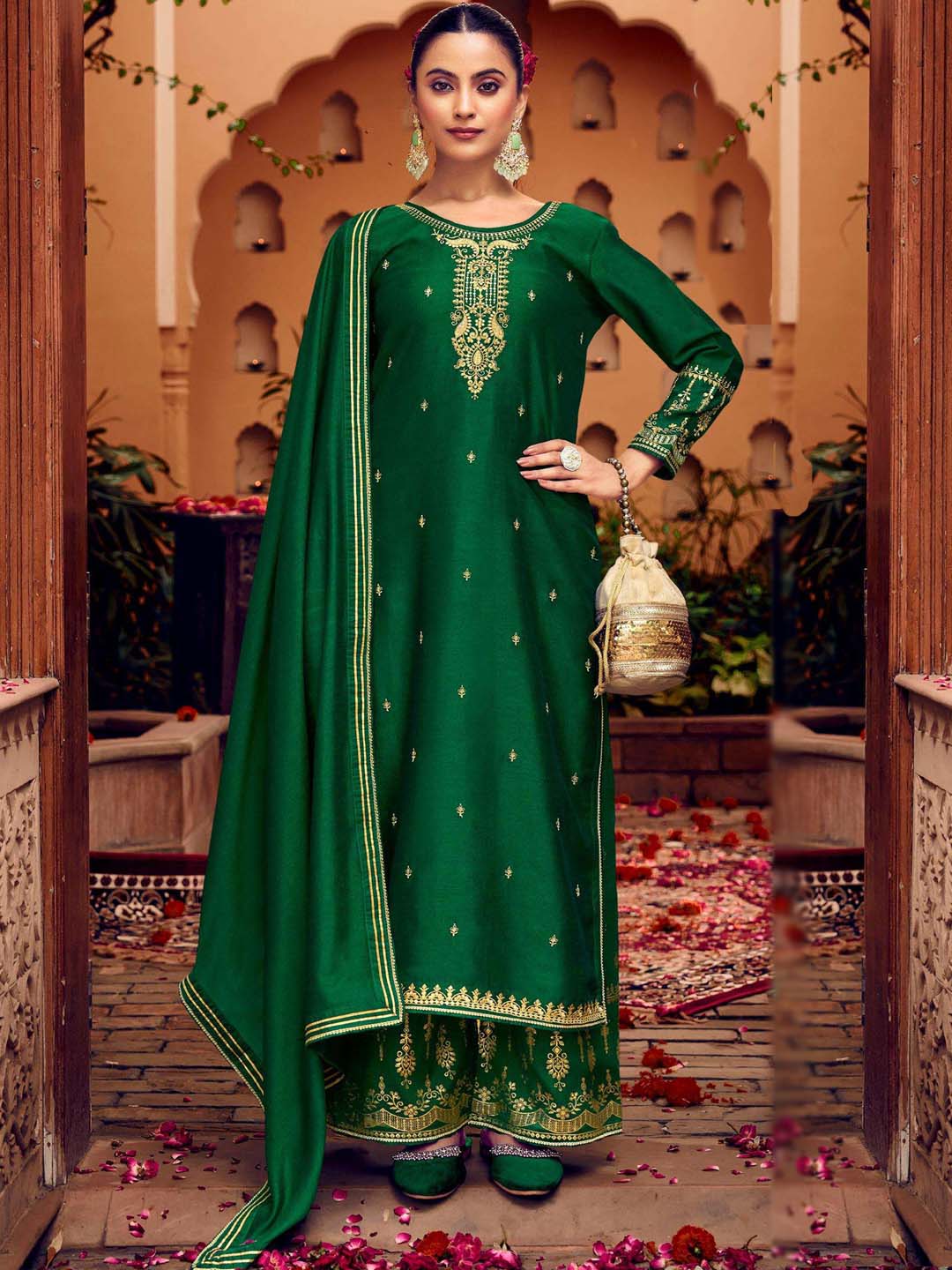 Green Fancy Work Stitched Suit Set With Dupatta