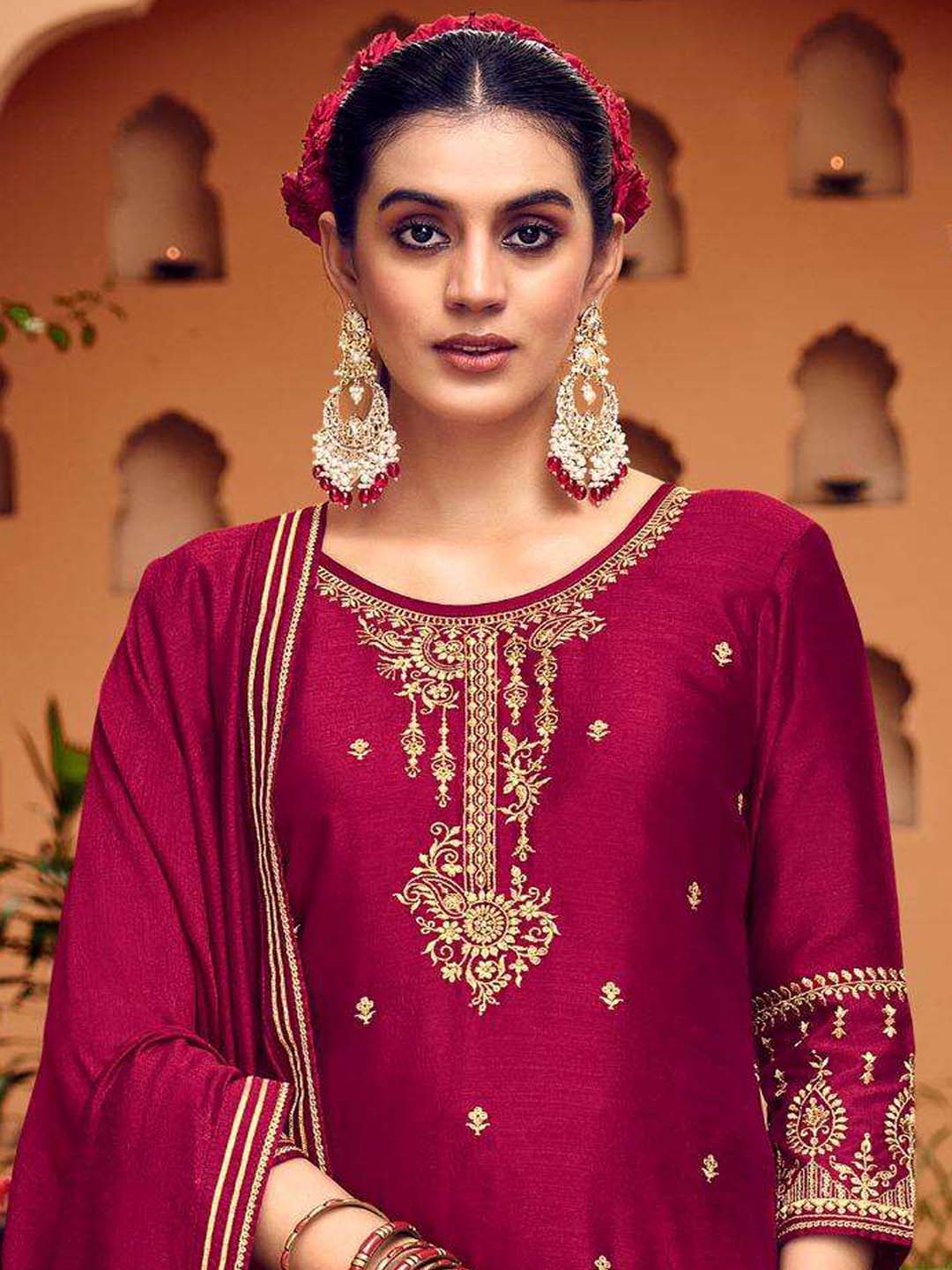 Jam Red Fancy Work Stitched Suit Set With Dupatta