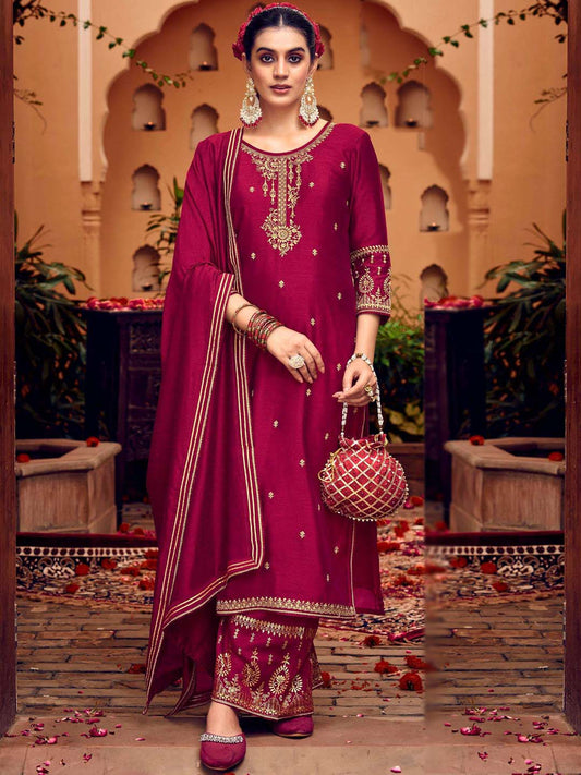 Jam Red Fancy Work Stitched Suit Set With Dupatta