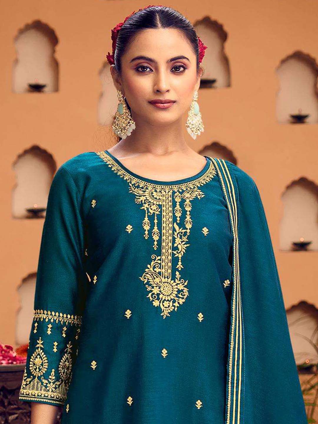 Teal Blue Fancy Work Stitched Suit Set With Dupatta