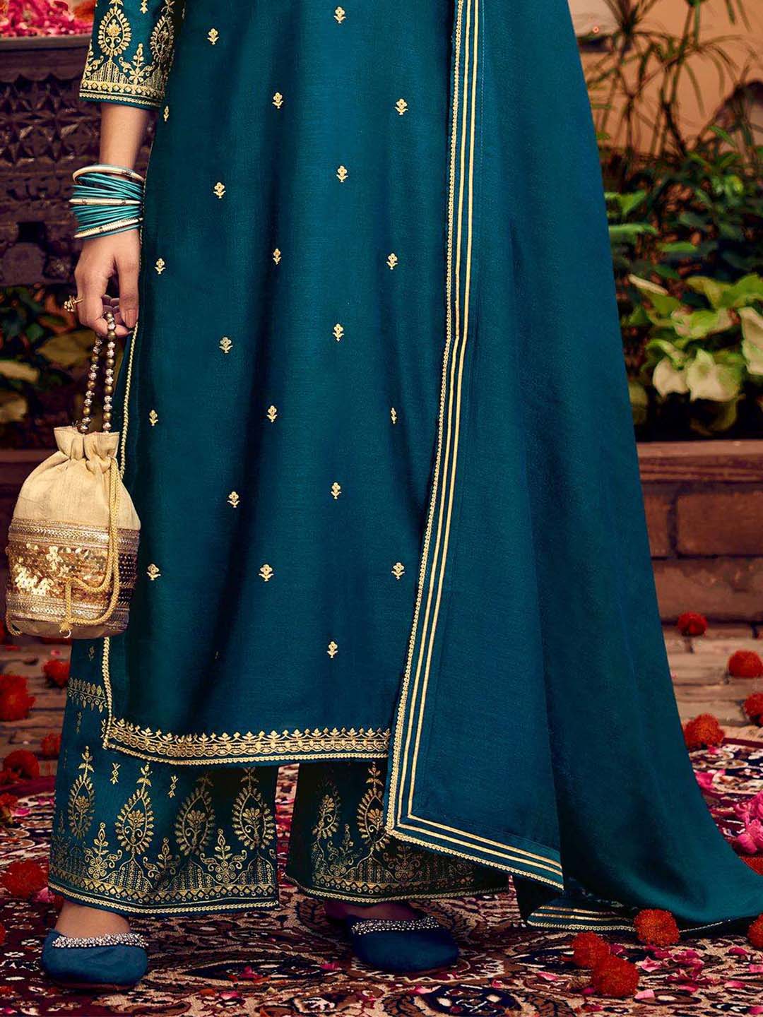 Teal Blue Fancy Work Stitched Suit Set With Dupatta