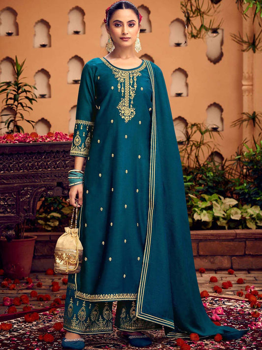 Teal Blue Fancy Work Stitched Suit Set With Dupatta