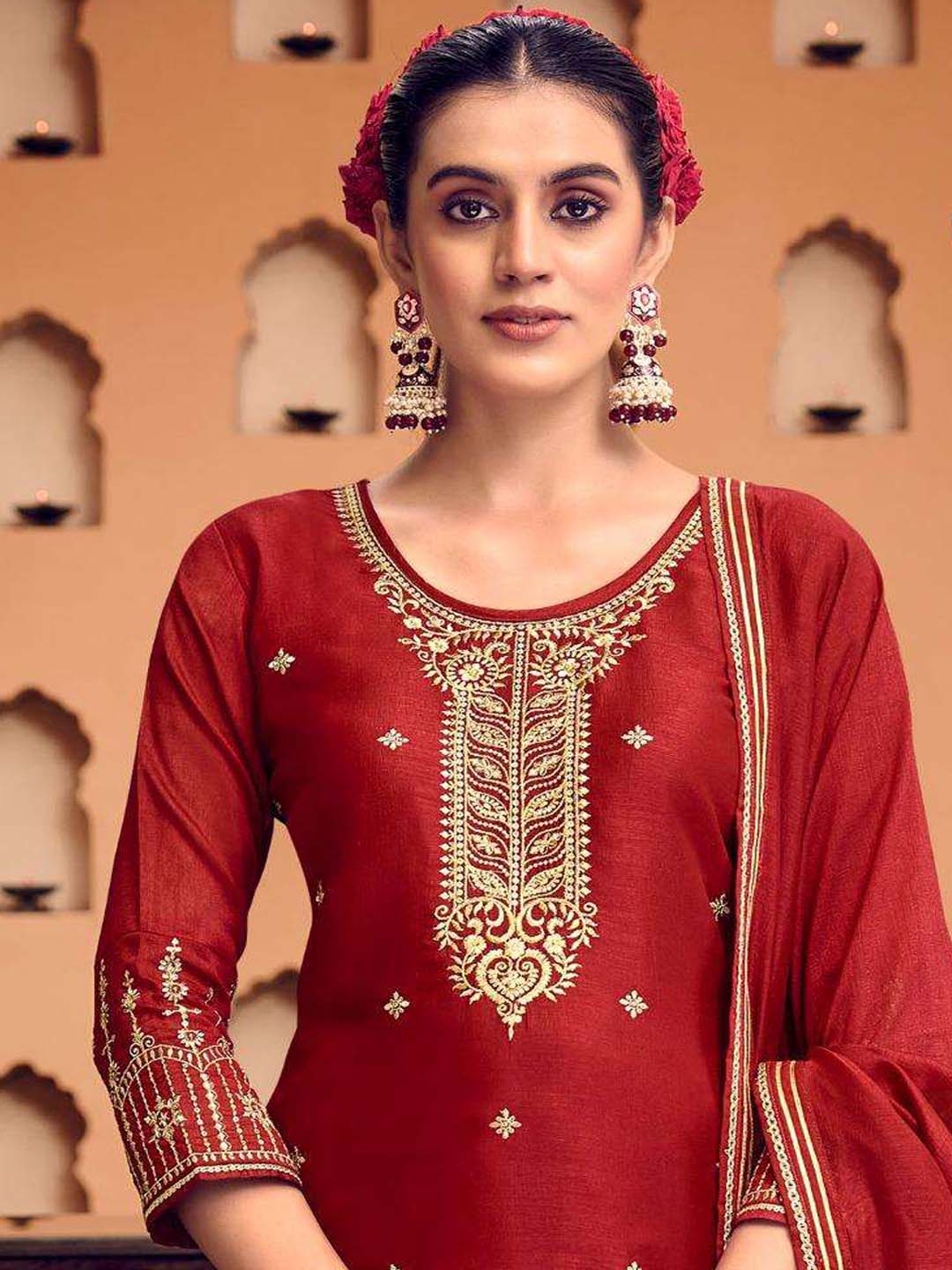 Blood Red Fancy Work Stitched Suit Set With Dupatta