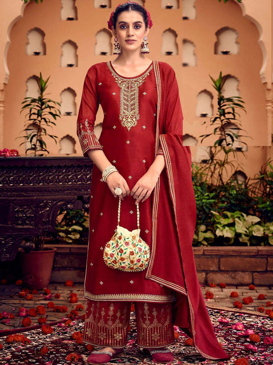 Blood Red Fancy Work Stitched Suit Set With Dupatta