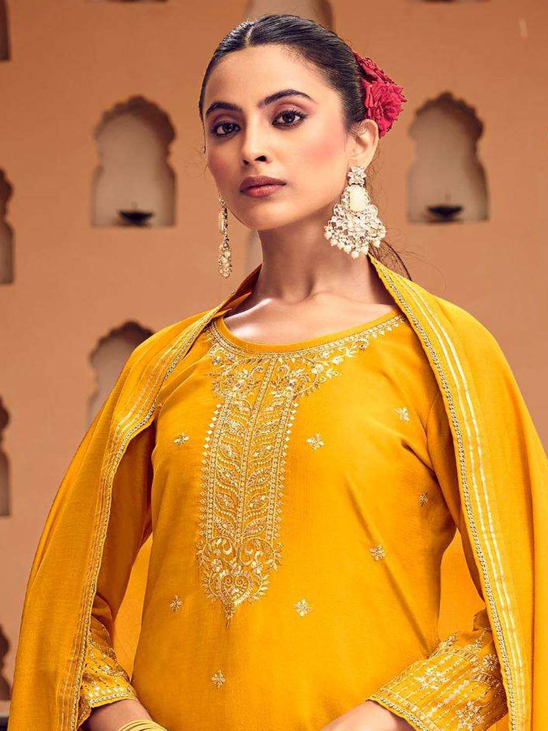 Yellow Fancy Work Stitched Suit Set With Dupatta