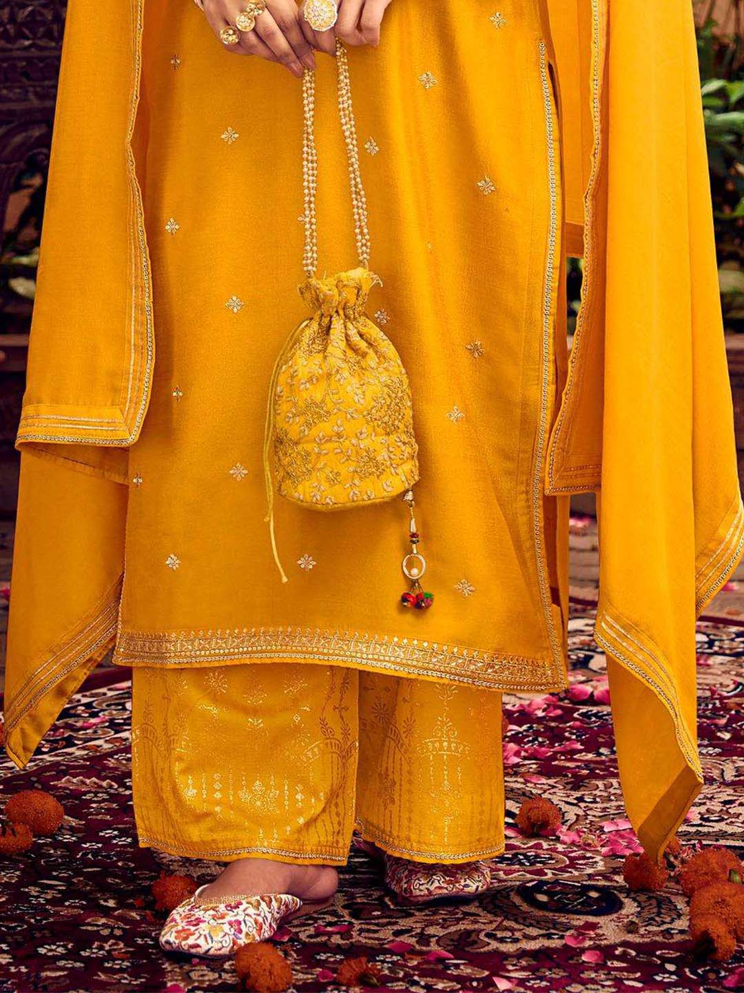 Yellow Fancy Work Stitched Suit Set With Dupatta