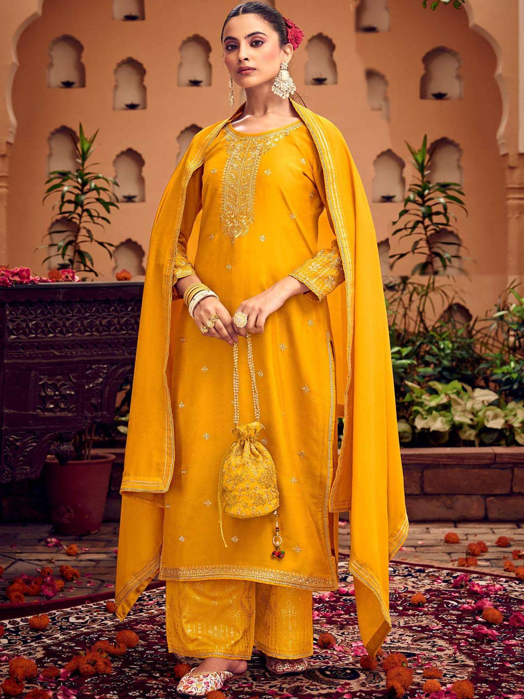 Yellow Fancy Work Stitched Suit Set With Dupatta