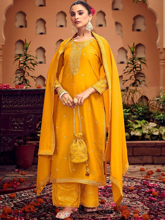 Yellow Fancy Work Stitched Suit Set With Dupatta