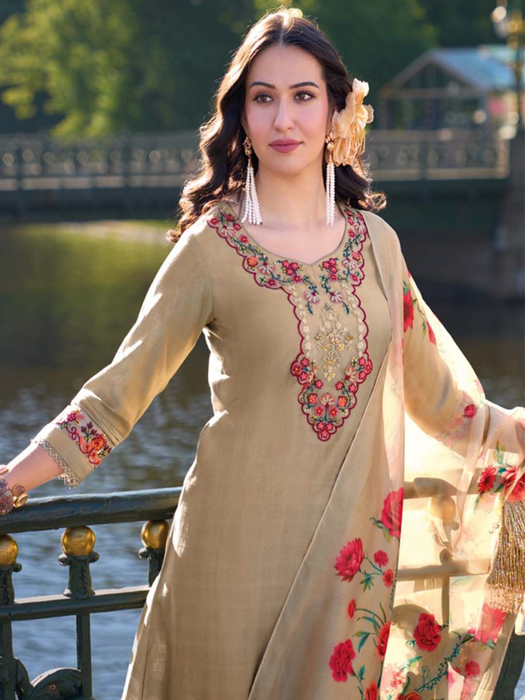 Beige Yoke Embroidered Stitched Suit Set With Dupatta