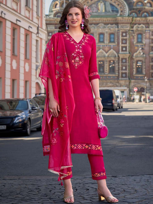 Rose Red Yoke Embroidered Stitched Suit Set With Dupatta