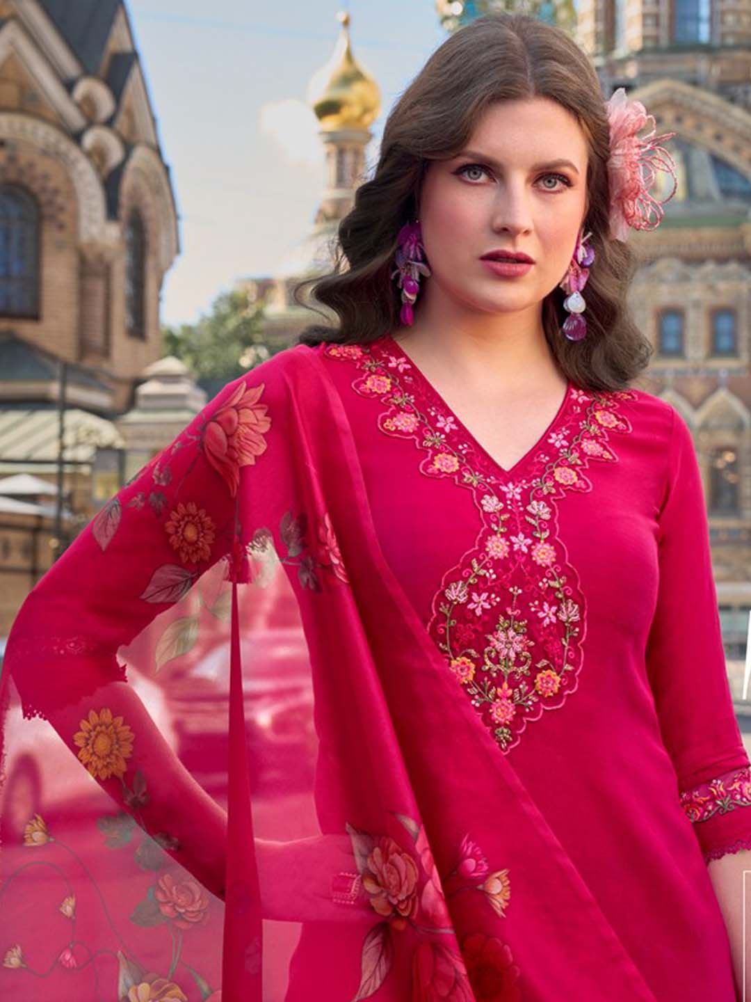 Rose Red Yoke Embroidered Stitched Suit Set With Dupatta