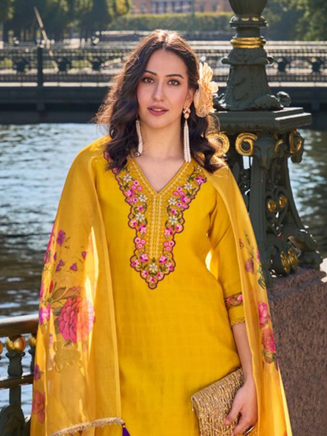 Yellow Yoke Embroidered Stitched Suit Set With Dupatta