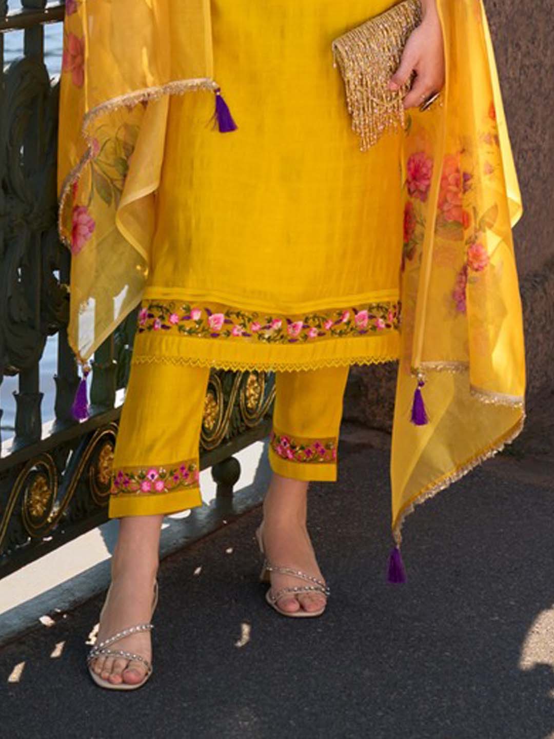 Yellow Yoke Embroidered Stitched Suit Set With Dupatta